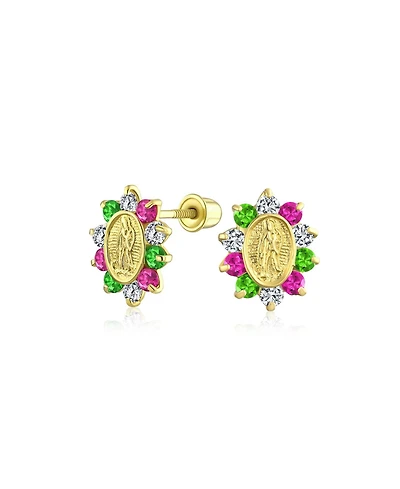 Bling Jewelry Small Green Pink Cubic Zirconia Cz Holy Mother Religious Medallion Style OvalYellow 14K Gold Virgin Mary Stud Earrings Women