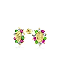 Bling Jewelry Small Green Pink Cubic Zirconia Cz Holy Mother Religious Medallion Style OvalYellow 14K Gold Virgin Mary Stud Earrings Women