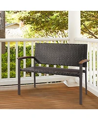 Slickblue Outdoor Patio Rattan Wicker Bench with Armrest for Garden