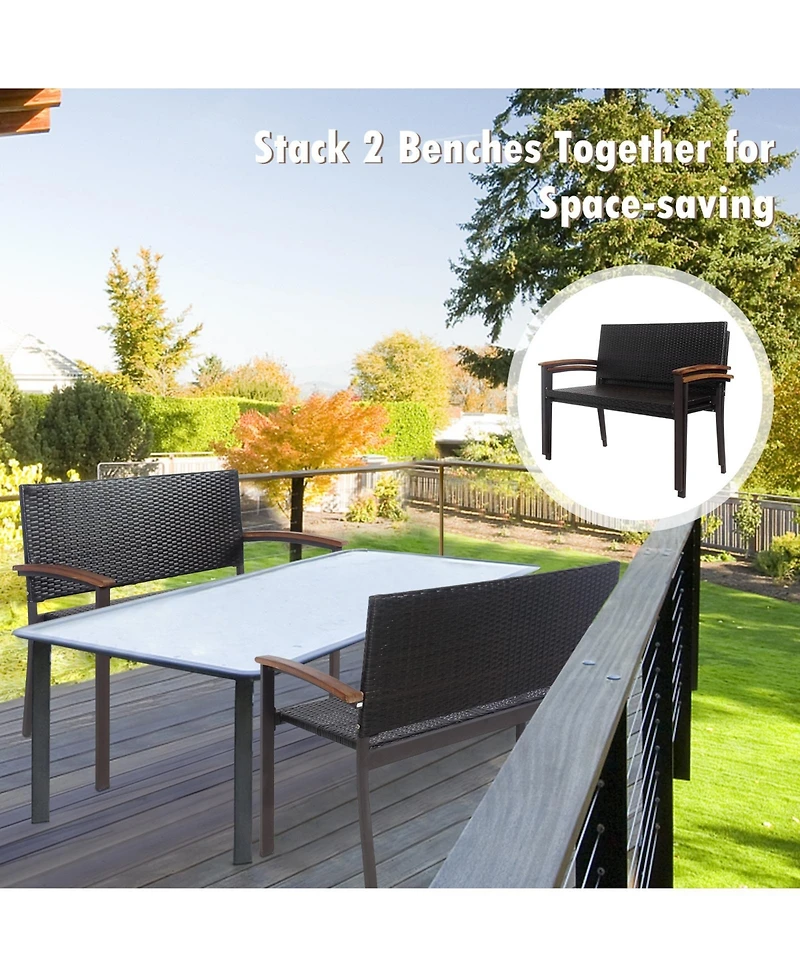 Slickblue Outdoor Patio Rattan Wicker Bench with Armrest for Garden