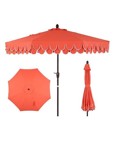 Jonathan Y Tracy 9 ft. Classic MidCentury Scalloped Fringe Market Patio Umbrella with Auto-Tilt Crank, Wind Vent and Uv Protection in Coral