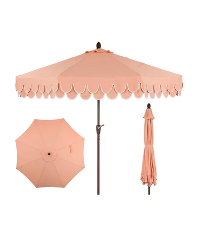 Jonathan Y Tracy 9 ft. Classic MidCentury Scalloped Fringe Market Patio Umbrella with Auto-Tilt Crank, Wind Vent and Uv Protection in Coral