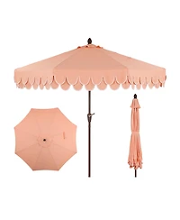 Jonathan Y Tracy 9 ft. Classic MidCentury Scalloped Fringe Market Patio Umbrella with Auto-Tilt Crank, Wind Vent and Uv Protection in Coral
