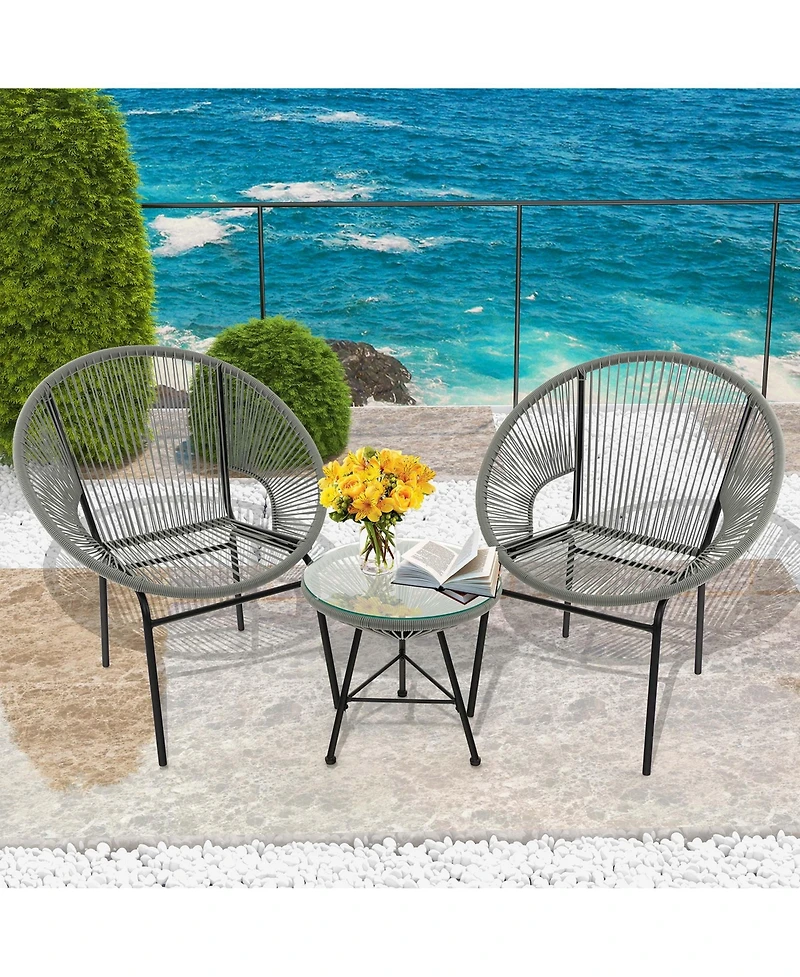 3PCS Patio Acapulco Furniture Bistro Set Plastic Rope Glass Table