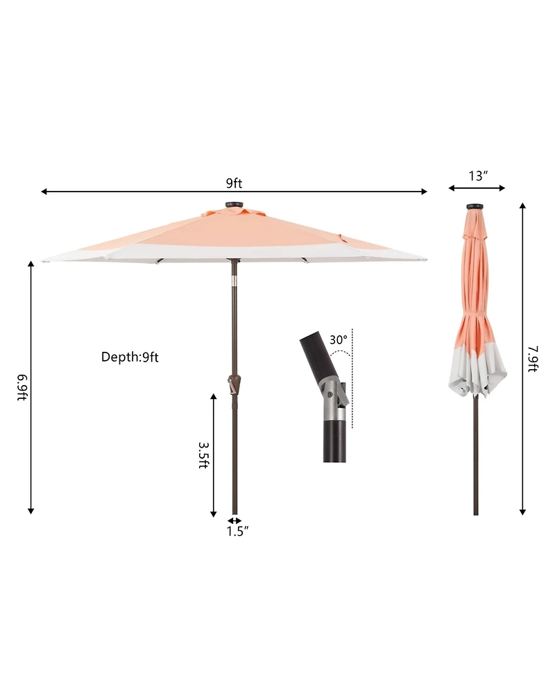 Jonathan Y 9ft 2-Tone Solar Led Patio Umbrella, 12 LEDs, Auto-Tilt, Crank, Uv Protection