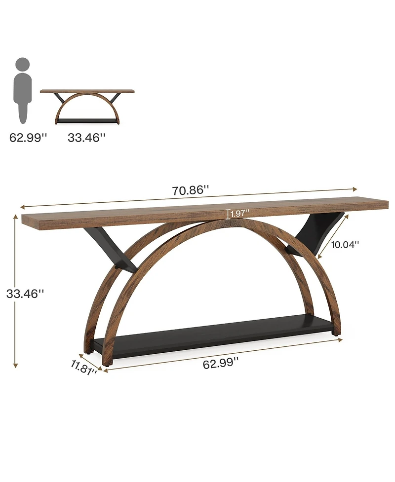 Tribesigns 70.87" Console Table with Storage Shelf, Narrow Long Sofa Table Behind Couch Table, 2-Tier Rustic Entryway Table with Half Moon Frame for H