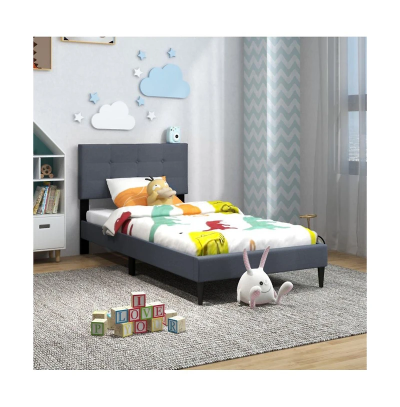 Sugift Twin Size Upholstered Platform Bed with with Button Tufted Linen Fabric Headboard