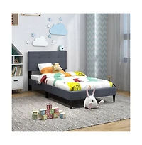 Sugift Twin Size Upholstered Platform Bed with with Button Tufted Linen Fabric Headboard