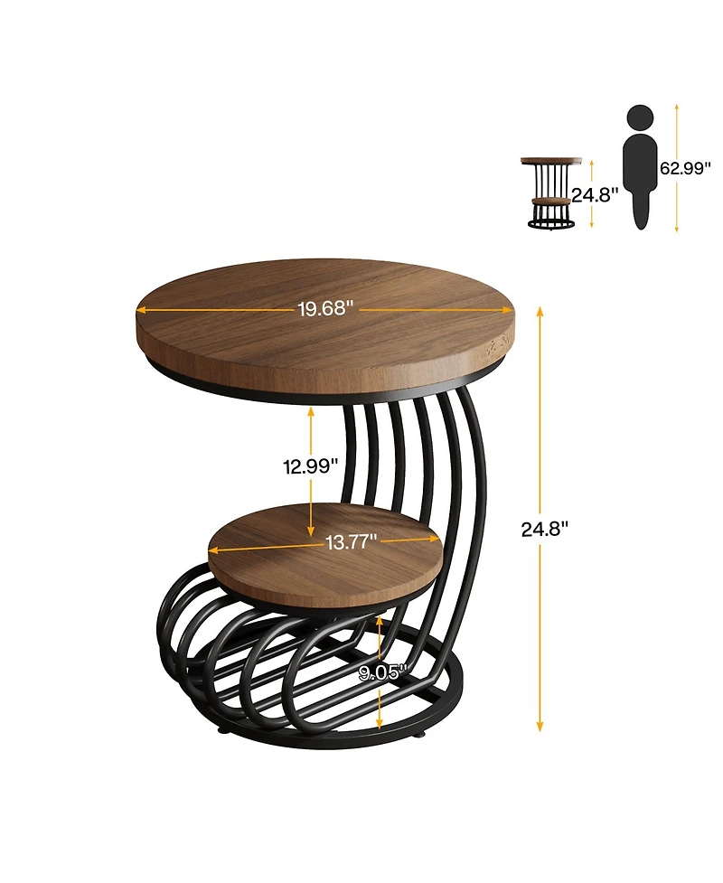 Tribesigns Round End Side Table Set of 2， 2 Tiers Table, Vintage for Living Room, Small Bedside Accent with Arc-Shap