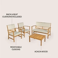 Jonathan Y Barclay 4-Piece Modern Coastal Acacia Wood Conversation Outdoor Patio Set with Cushions, Orange/Teak Brown