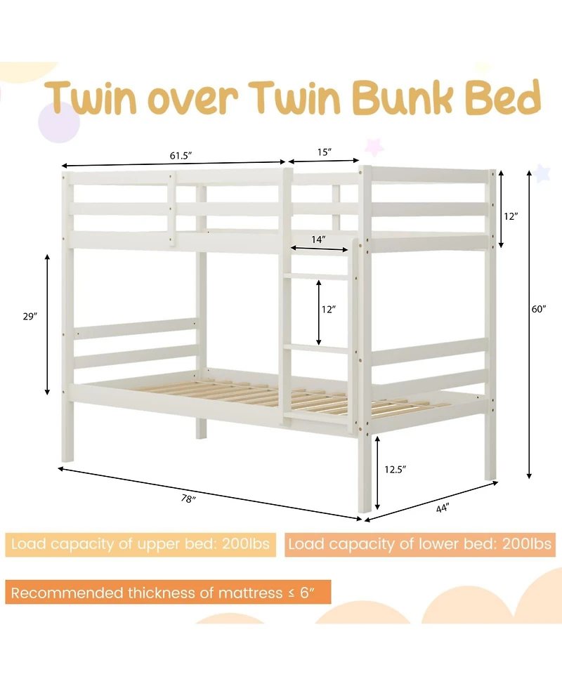 Twin Sturdy Wooden Bunk Beds with Ladder and Safety Rail