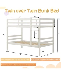 Twin Sturdy Wooden Bunk Beds with Ladder and Safety Rail