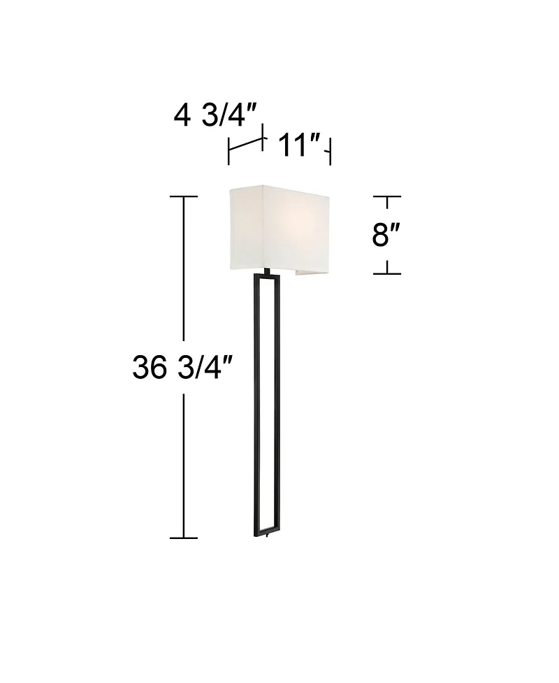 Possini Euro Design Portico Modern Wall Lamp Black Plug-in 11" Light Fixture Led White Linen Rectangular Shade for Bedroom Reading Living Room Ho