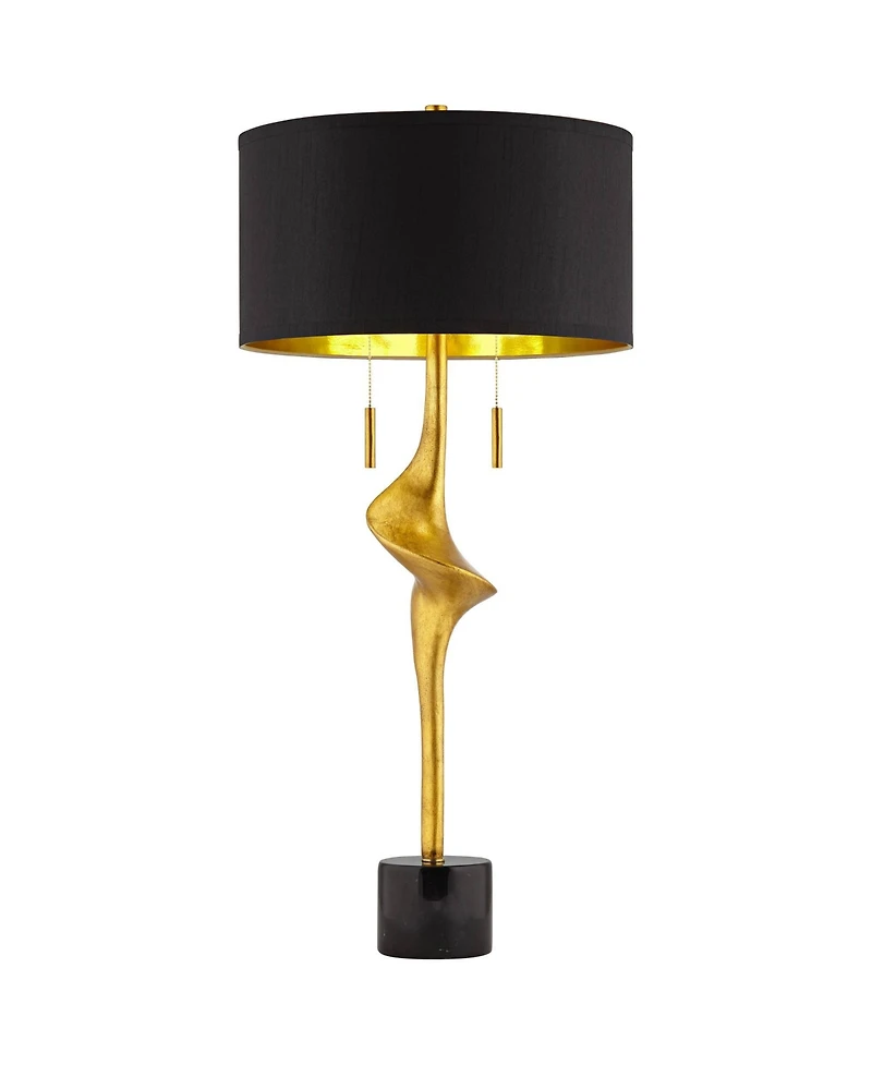 Possini Euro Design Athena Modern Buffet Table Lamp 35 1/2" Tall Sculptural Gold Leaf Black Drum Shade Bedroom Living Room Bedside Nightstand Off