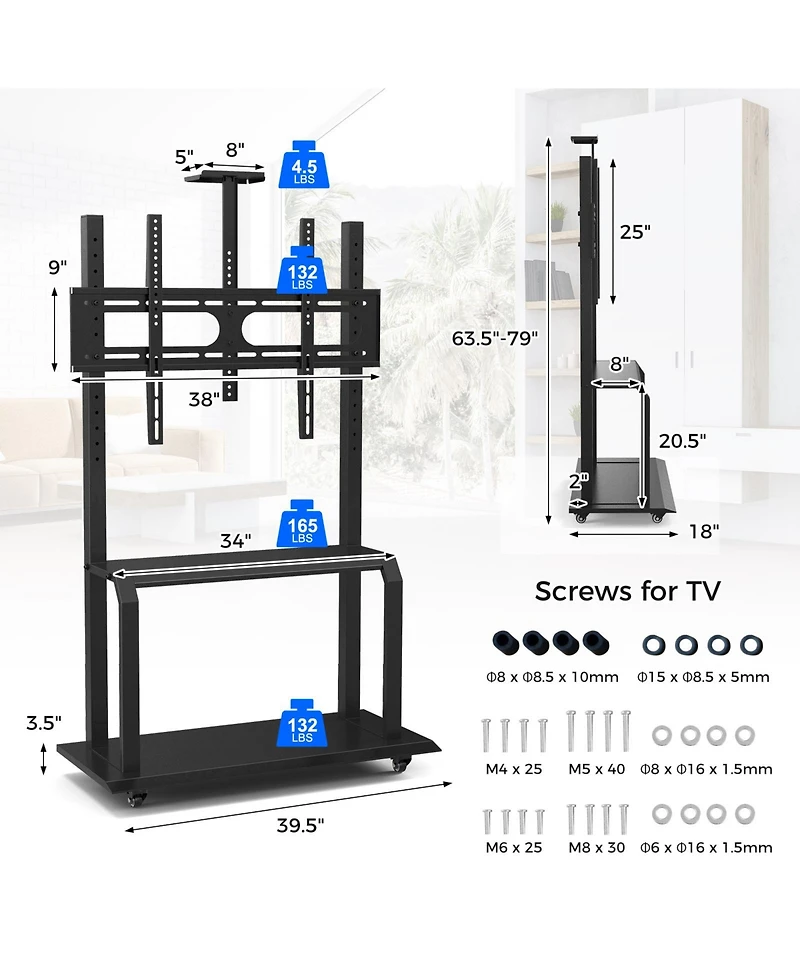 Sugift Mobile Tv Stand with Camera Shelf and Av Shelves for 32-80 Inch Flat/Curved TVs