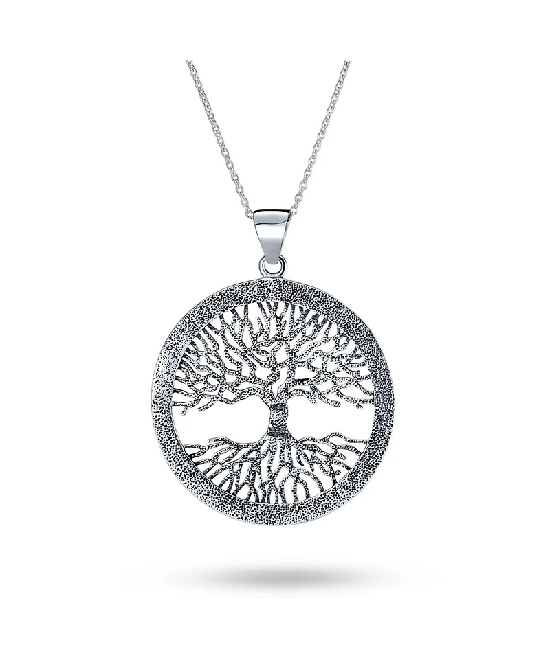 Bling Jewelry Round Circle Medallion Rune Symbols Wiccan Tree Of Life Pendant Necklace Oxidized Sterling Silver
