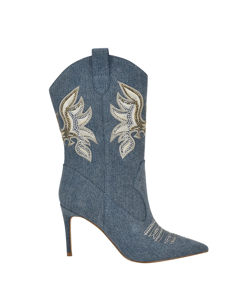 Guess Women's Rasima Denim Rhinestone Embellished High Heel Western Boots