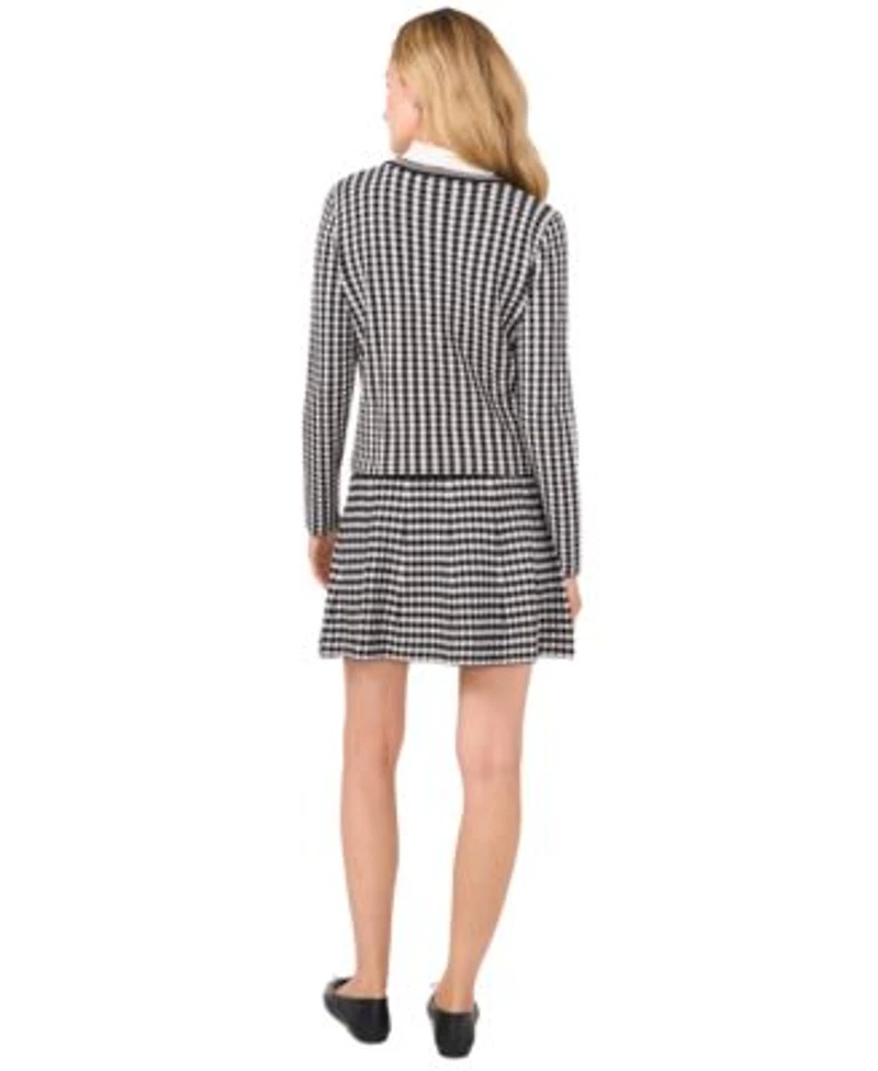 Cece Womens Gingham Cardigan Mock Neck Knit Top Mini Skirt