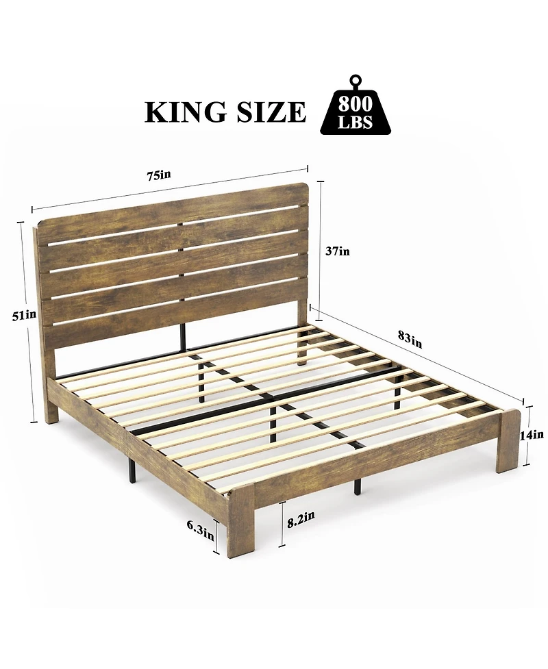 Mondawe Dark Brown King Size Wood Platform Bed Frame with Large Under Bed Storage