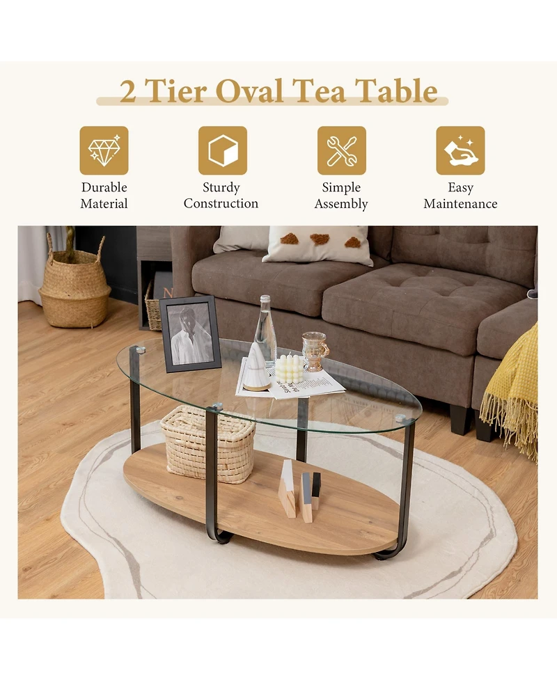 Givimo 2-Tier Glass-Top Oval Coffee Table with Wooden Shelf for Living Room