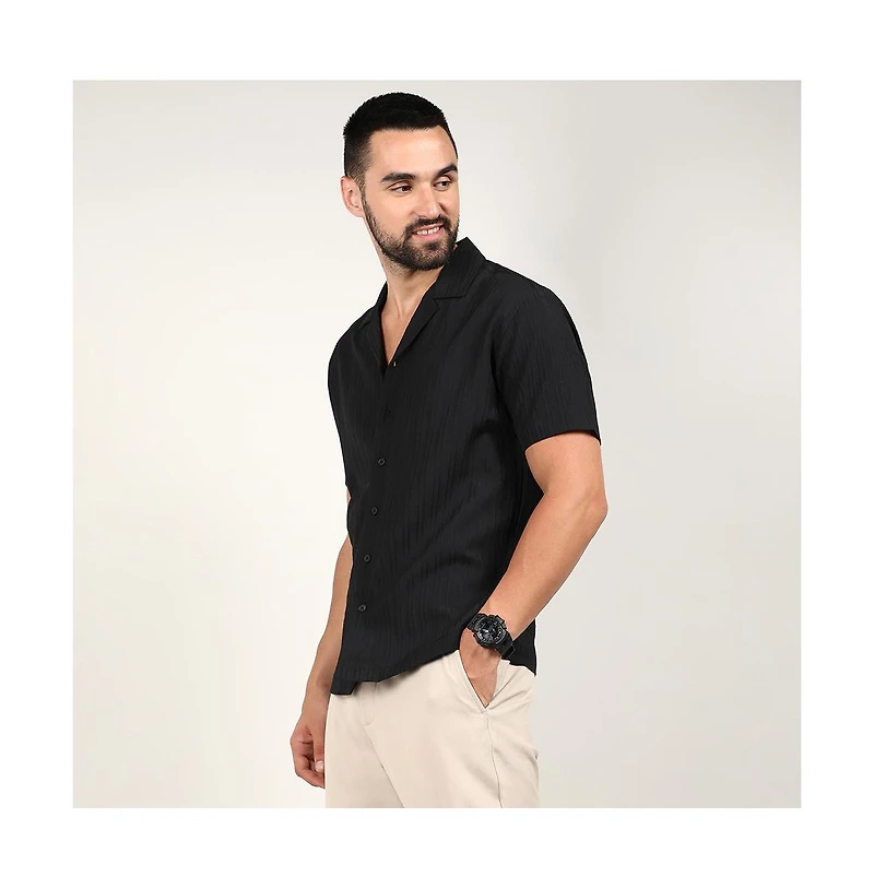 Men's Charcoal Black Self-Design Striped Shirt