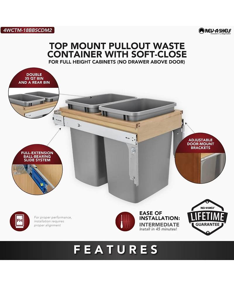 Rev-a-Shelf Pull Out Top Mount Trash Can w/ Soft-Close, 35 Qt, 4WCTM-18BBSCDM2