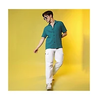 Men's Teal Green Self-Design Creased Striped Shirt