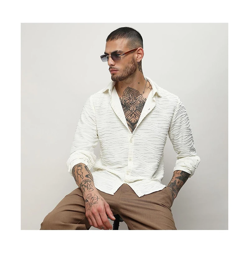 Men's Ivory White Self-Design Wave Shirt