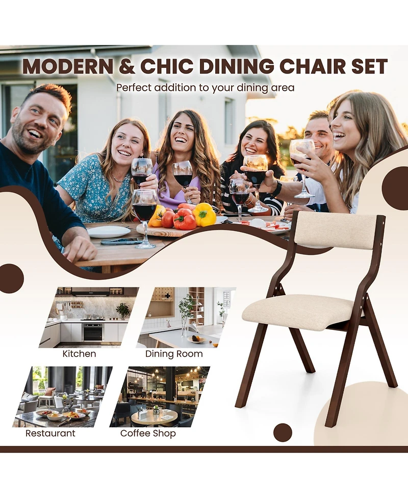 Sugift Set of 2 Wooden Folding Dining Chair with Linen Fabric Padded Seat and Backrest