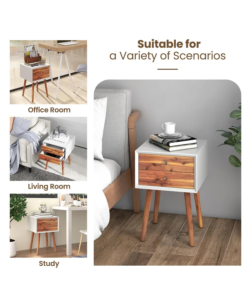 Sugift Mid-Century Wooden Multipurpose End Table with 2 Storage Drawers