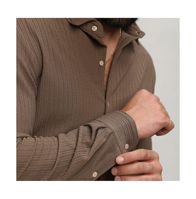 Men's Tan Brown Stripe-Creased Shirt