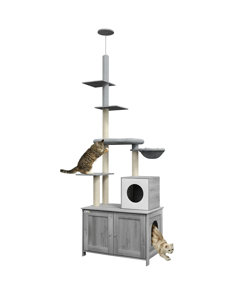 PawHut 2 in 1 Litter Box Enclosure with Floor to Ceiling Cat Tree,