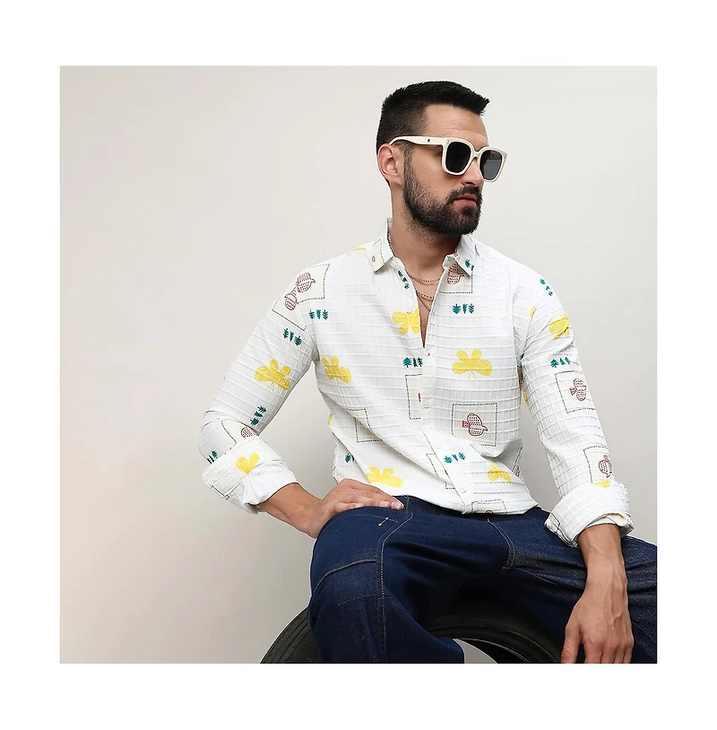 Campus Sutra Men's Chalk White Butterfly Pine Shirt