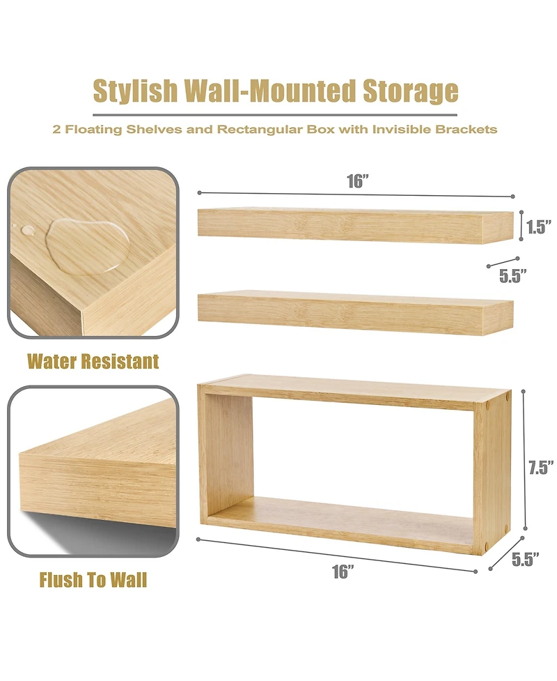 Sorbus 2 Floating Shelves with Invisible Brackets & 1 Rectangular Box (Maple)