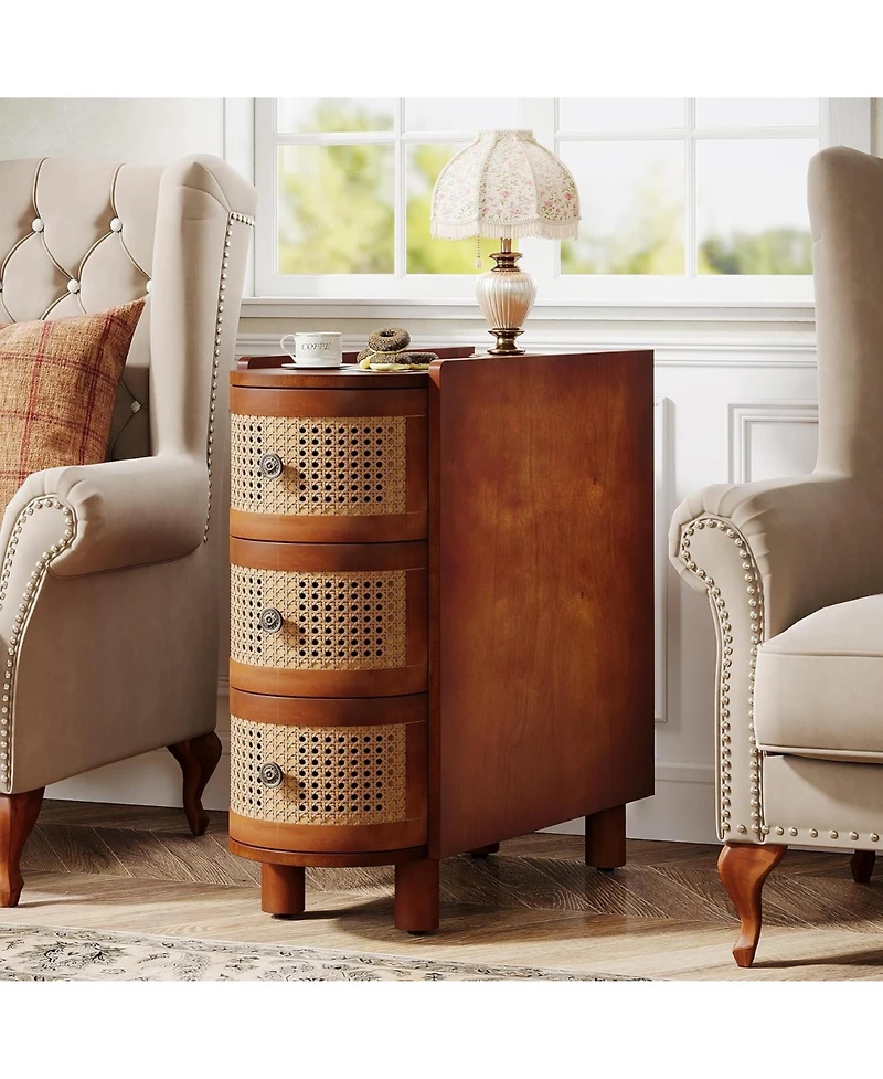 Tribesigns 3-Drawer Rattan End Table, Solid Wood Sofa Side Table, Slim Nightstand, Finished Back, No Assembly, Walnut & Oak