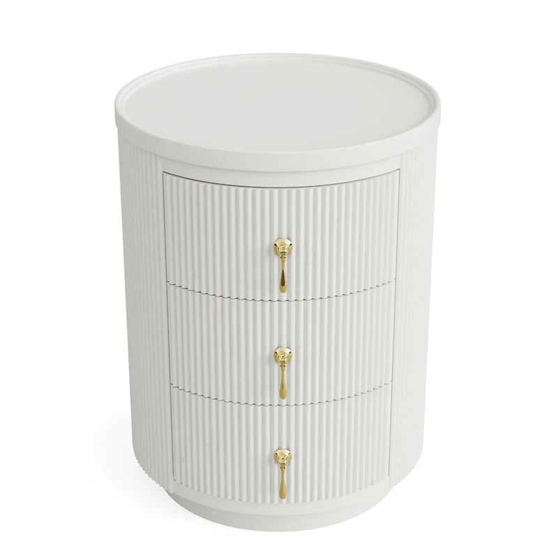 Tribesigns Nightstand with 3 Drawers, No Assembly Bedside Table Night Stand, Modern Round End Side Table with Storage and Gold Handles, White