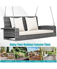 Sugift 2-Person Patio Pe Wicker Hanging Porch Swing Bench Chair Cushion 800 Pounds