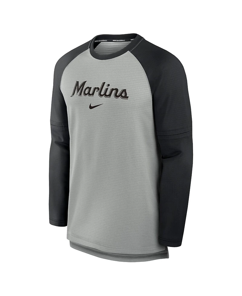 Nike Men's Heather Gray/Black Miami Marlins Authentic Collection Game Time Raglan Performance Long Sleeve T-Shirt