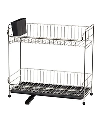 Iris Usa 2-tier Slim-sized Dish Rack with Drain Spout, Black