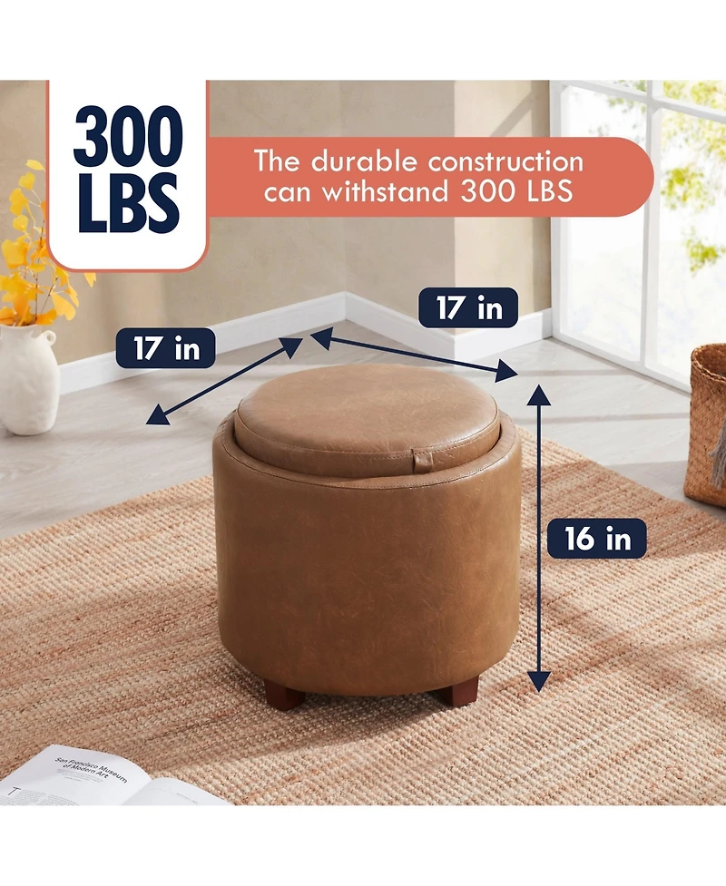 Lawrence Round Faux Leather Storage Ottoman with Table Top Lid