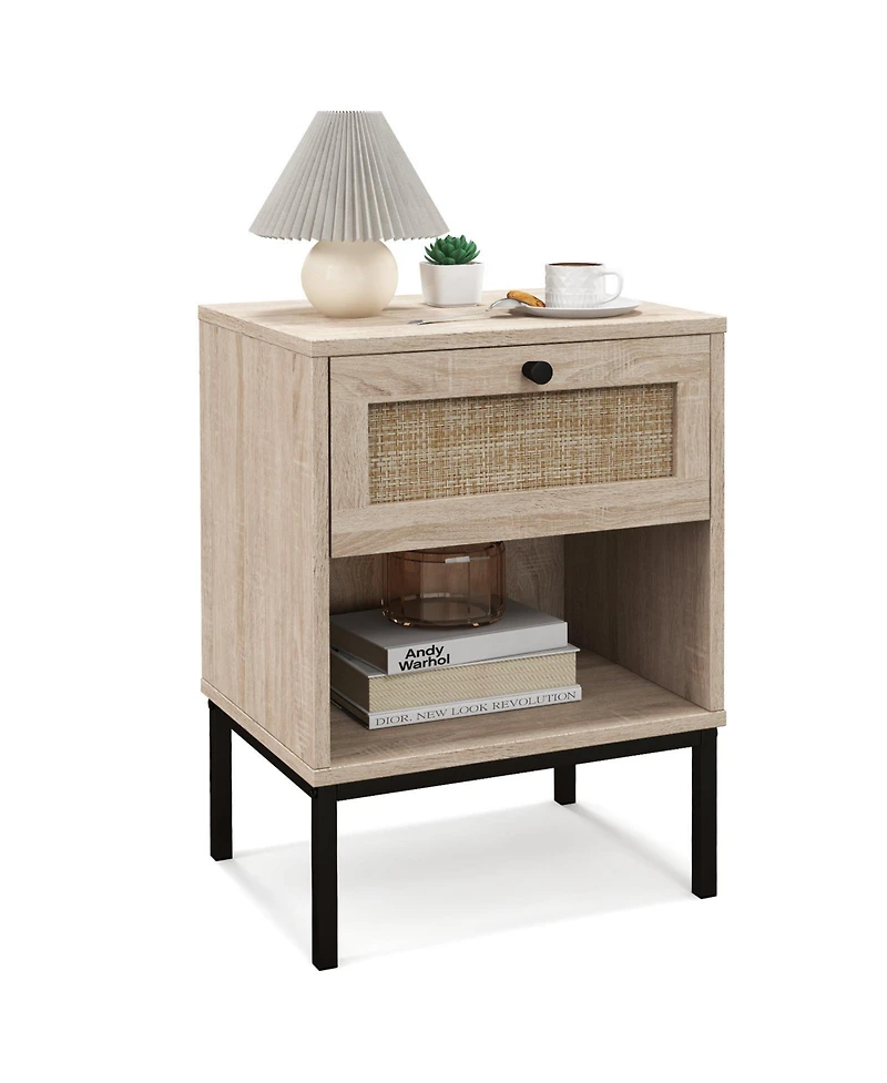 Sugift Rattan Nightstand Boho End Table with Rattan Drawer & Open Shelf