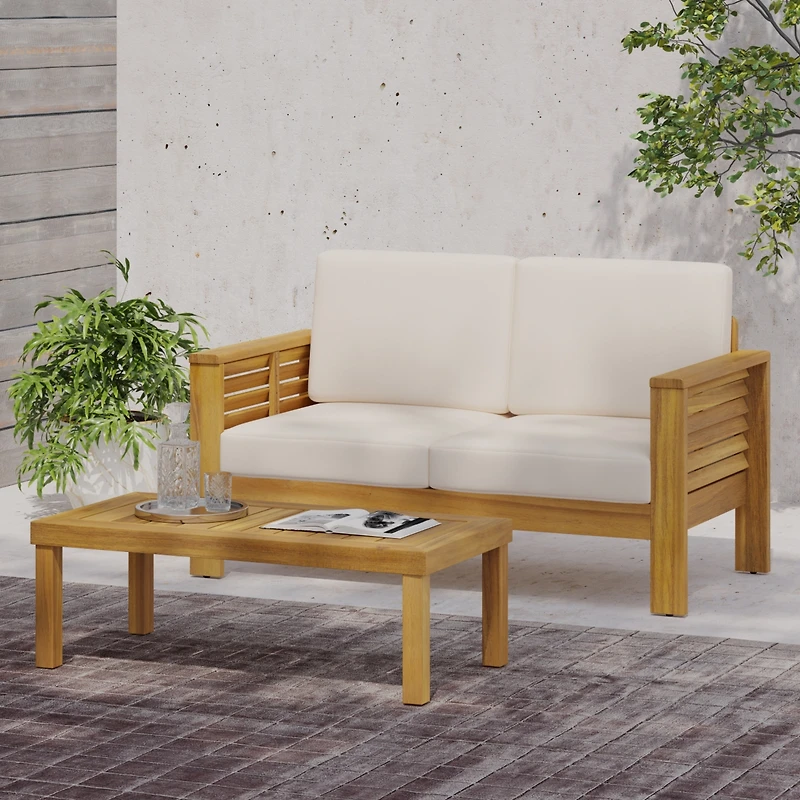 Streamdale Acacia Wood Outdoor Loveseat And Coffee Table Set With Cushions