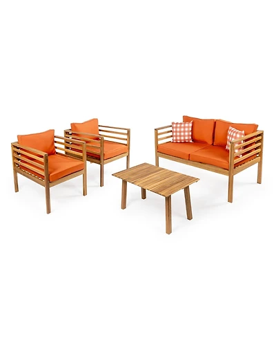 Jonathan Y Thom 4-Piece Mid-Century Modern Acacia Wood Outdoor Patio Set with Cushions and Plaid Decorative Pillows, Gray/Teak Brown