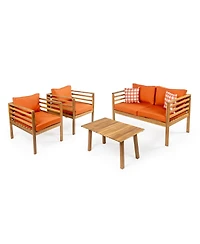 Jonathan Y Thom 4-Piece Mid-Century Modern Acacia Wood Outdoor Patio Set with Cushions and Plaid Decorative Pillows, Gray/Teak Brown