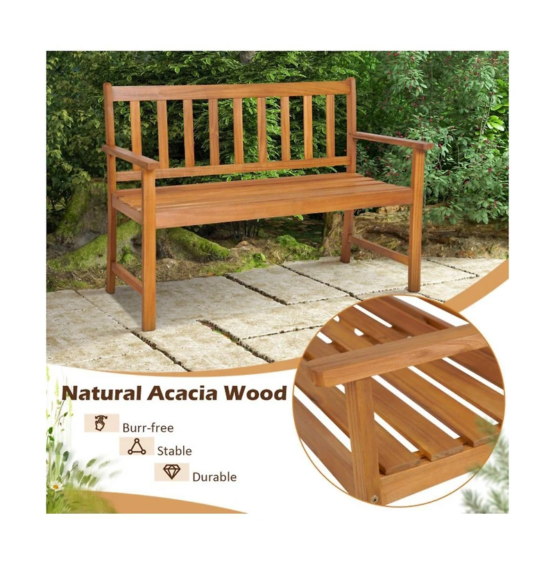Sugift 2-Person Patio Acacia Wood Bench with Backrest and Armrests