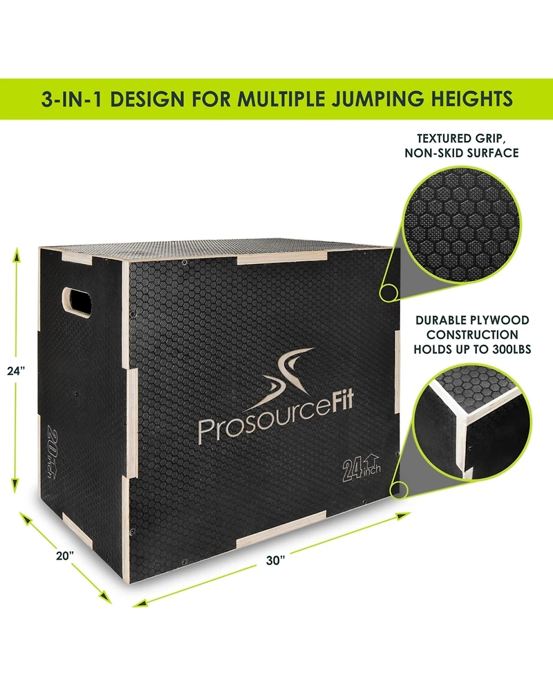 ProsourceFit 3-in-1 Wood Power Grip Plyometric Box, 30/20/24