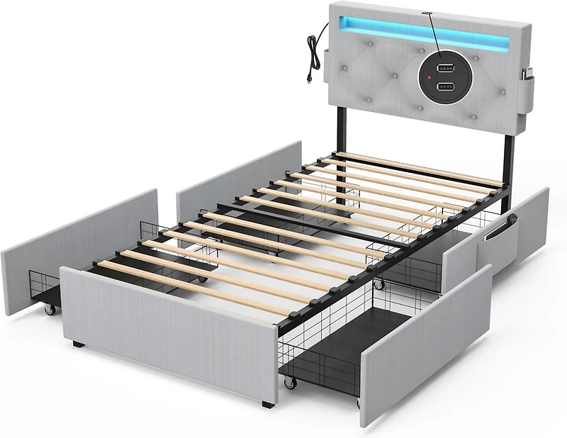 Streamdale Furniture Twin Bed Frame with Usb Charging, Led Lights, Headboard, & Storage Drawers