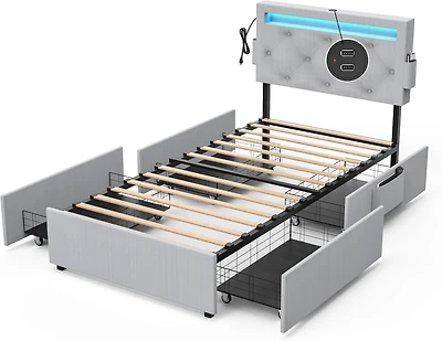 Streamdale Furniture Twin Bed Frame with Usb Charging, Led Lights, Headboard, & Storage Drawers