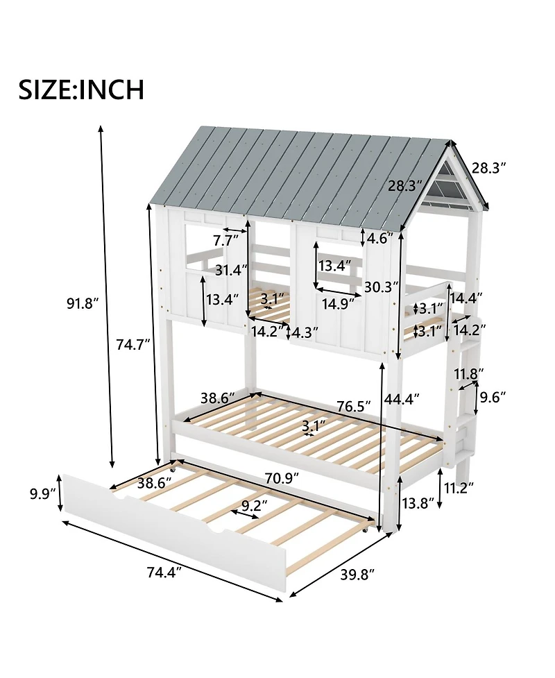 Simplie Fun House Bunk Bed With Trundle, Roof And Windows Twin