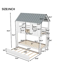 Simplie Fun House Bunk Bed With Trundle, Roof And Windows Twin